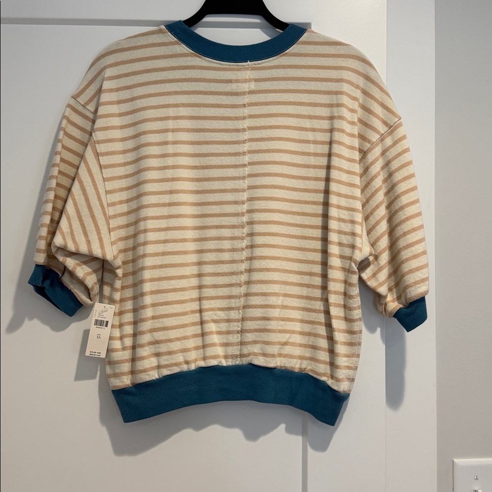 Pilcro Cream and Teal Striped Short Sleeve Sweatshirt - Picture 3 of 4